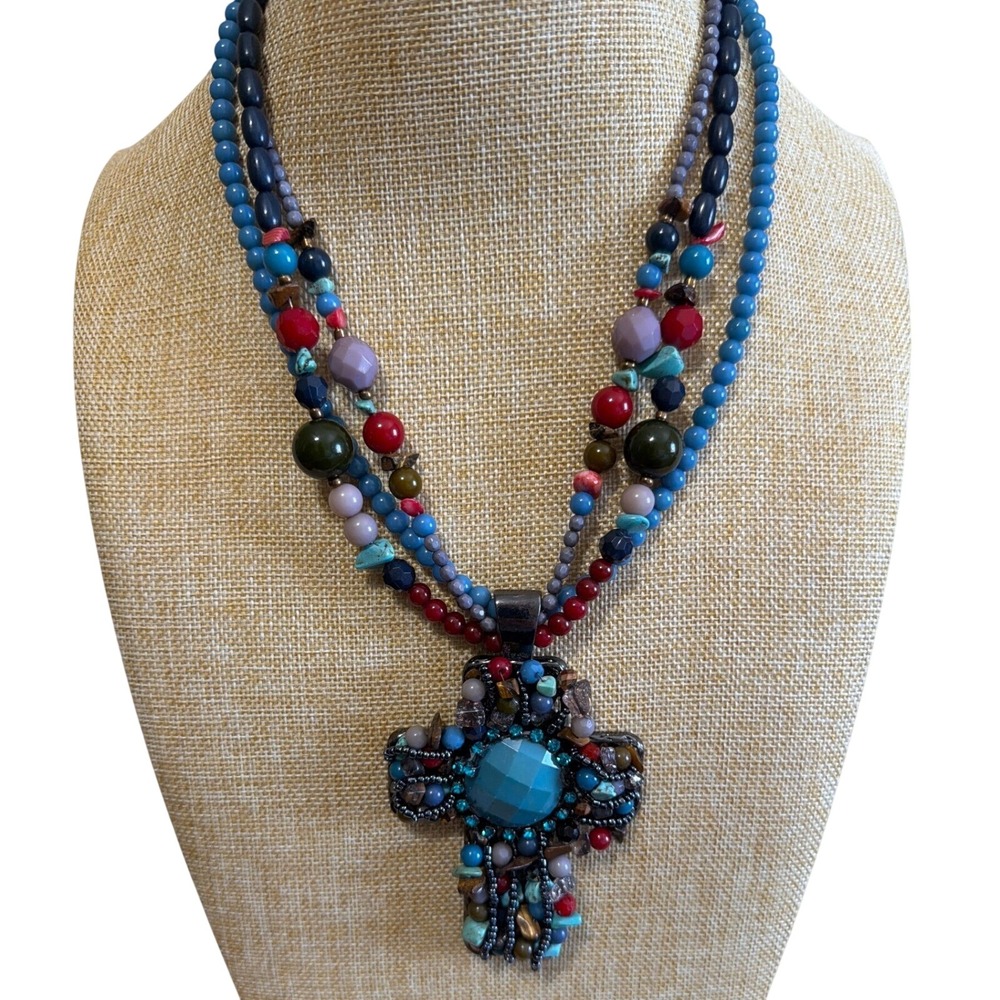 Multistrand Beaded Statement Necklace Turquoise Cross Pendant Gunmetal Eclectic